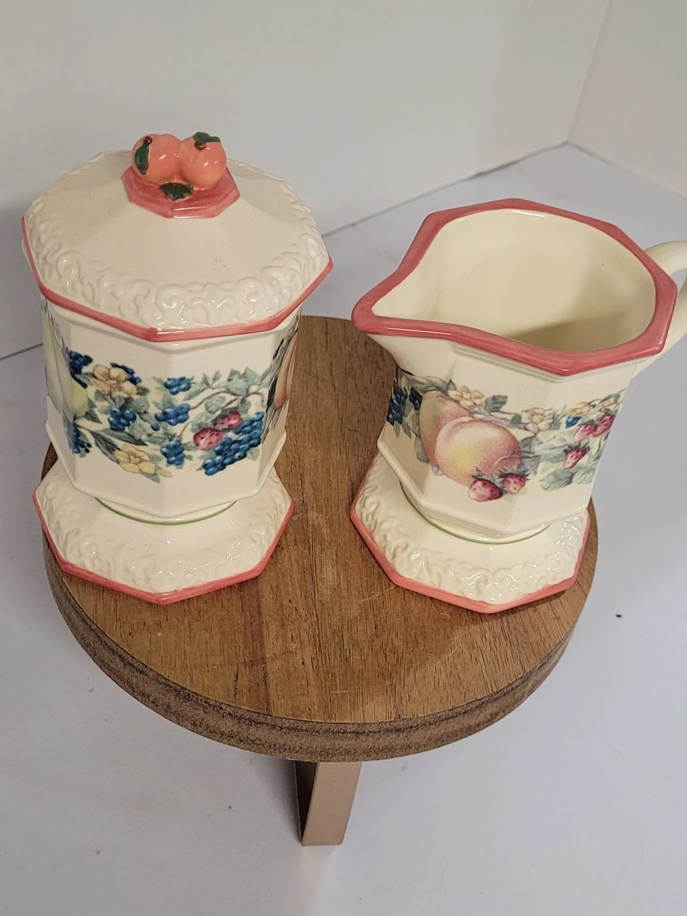 Vintage Avon Floral Fruit Ceramic Creamer and Sugar Set in Pink Trim